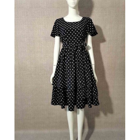 L556 Custom Made to order Chiffon Vintage Polka Dot Fit & Flare Dress Regular Size XS S M L XL & Plus size 1x-10x (SZ16-52)