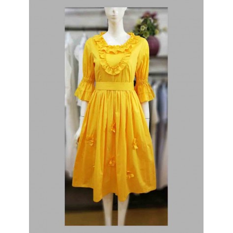 L557 Custom Made to order Spandex cotton poplin Crew Neck 3/4 Sleeve Pleated A-Line Dress Regular Size XS S M L XL & Plus size 1x-10x (SZ16-52)