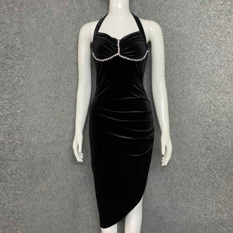 L572 Custom Made to order Velvet Asymmetric Halter Backless Velvet Dress New Regular Size XS S M L XL & Plus size 1x-10x (SZ16-52)