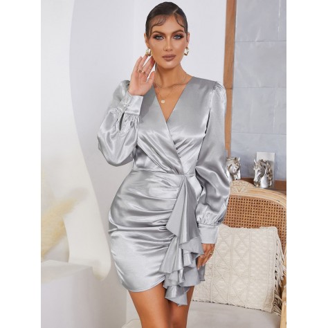 L573 Custom Made to order Satin V-Neck Ruffle Asymmetric Ruched Mini Dress Regular Size XS S M L XL & Plus size 1x-10x (SZ16-52)