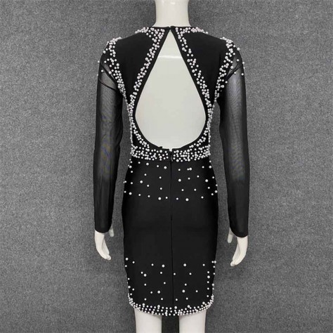 L574 Custom Made to order Cotton Blend Jersey Long Sleeve Sexy Backless Beaded Party Dress Regular Size XS S M L XL & Plus size 1x-10x (SZ16-52)