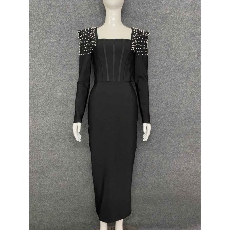 L585 Custom Made to order Cotton Blend Jersey Square Neck Beaded Stretch Pencil Dress New Regular Size XS S M L XL & Plus size 1x-10x (SZ16-52)