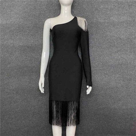 L587 Custom Made to order Cotton Blend Jersey One Shoulder Tasseled Trim Bodycon Dress Regular Size XS S M L XL & Plus size 1x-10x (SZ16-52)