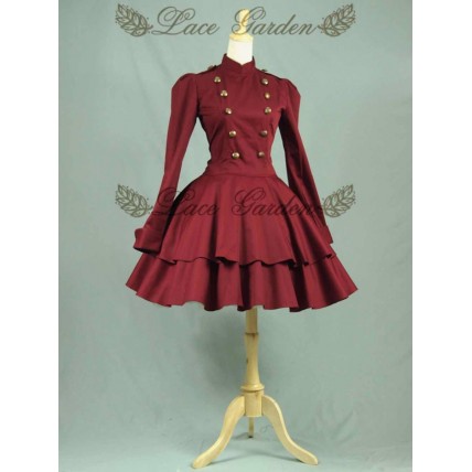 L59 Spandex Cotton Poplin Lolita Casual Military Uniform Tiered Dress Regular Size XS S M L XL & Plus size 1x-10x (SZ16-52)