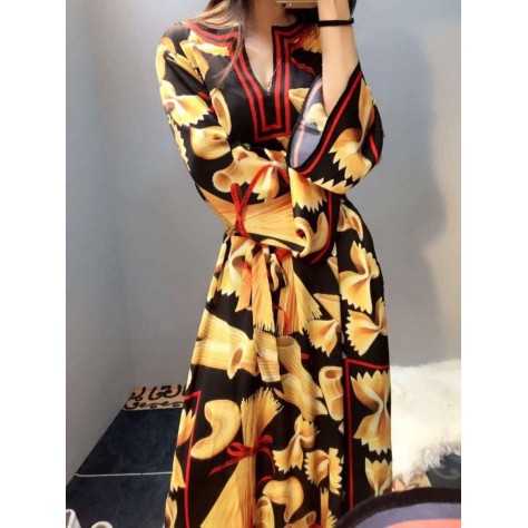 L598 Custom Made to order Polyester Long Sleeve Graphic Print Side Slit Dress Regular Size XS S M L XL & Plus size 1x-10x (SZ16-52)