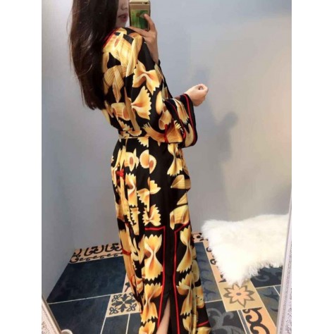 L598 Custom Made to order Polyester Long Sleeve Graphic Print Side Slit Dress Regular Size XS S M L XL & Plus size 1x-10x (SZ16-52)