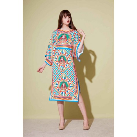 L601 Custom Made to order Polyester Bell Sleeve Graphic Print  Side Slit Dress Regular Size XS S M L XL & Plus size 1x-10x (SZ16-52)