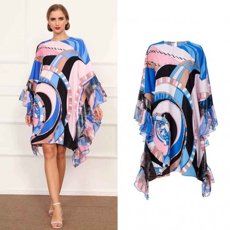 L604 Custom Made to order Satin Crew Neck Oversized Print Ruffle Loose Dress Regular Size XS S M L XL & Plus size 1x-10x (SZ16-52)