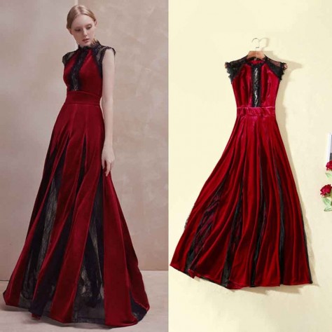 L605 Custom Made to order Velvet Women's Fashion Velvet Lace Trim Ball Gown Regular Size XS S M L XL & Plus size 1x-10x (SZ16-52)