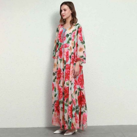 L609 Custom Made to order Chiffon 3/4 Sleeve Big swing Loose Floral Dress Regular Size XS S M L XL & Plus size 1x-10x (SZ16-52)