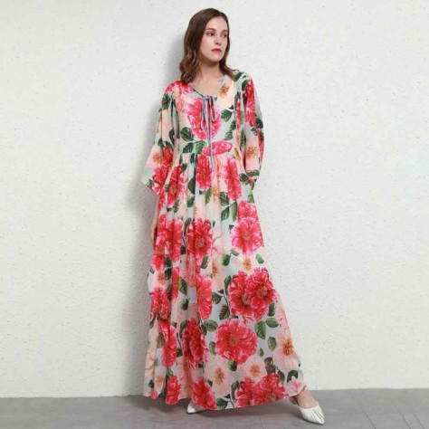 L609 Custom Made to order Chiffon 3/4 Sleeve Big swing Loose Floral Dress Regular Size XS S M L XL & Plus size 1x-10x (SZ16-52)