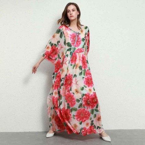 L609 Custom Made to order Chiffon 3/4 Sleeve Big swing Loose Floral Dress Regular Size XS S M L XL & Plus size 1x-10x (SZ16-52)