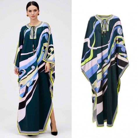 L610 Custom Made to order Satin Vintage Printed Raglan Sleeve Split Dress Regular Size XS S M L XL & Plus size 1x-10x (SZ16-52)