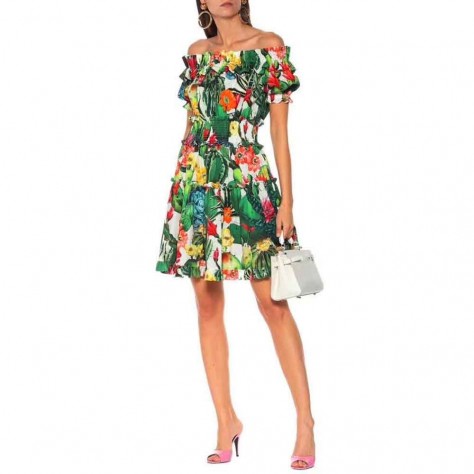 L615 Custom Made to order Cotton Blend Women Off-The-Shoulder Ruffled Floral Dress Regular Size XS S M L XL & Plus size 1x-10x (SZ16-52)