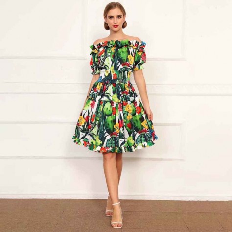 L615 Custom Made to order Cotton Blend Women Off-The-Shoulder Ruffled Floral Dress Regular Size XS S M L XL & Plus size 1x-10x (SZ16-52)