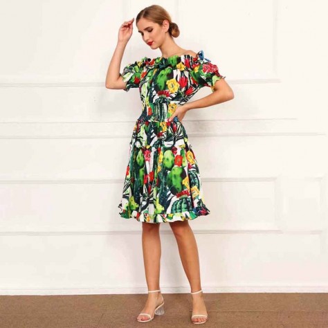 L615 Custom Made to order Cotton Blend Women Off-The-Shoulder Ruffled Floral Dress Regular Size XS S M L XL & Plus size 1x-10x (SZ16-52)