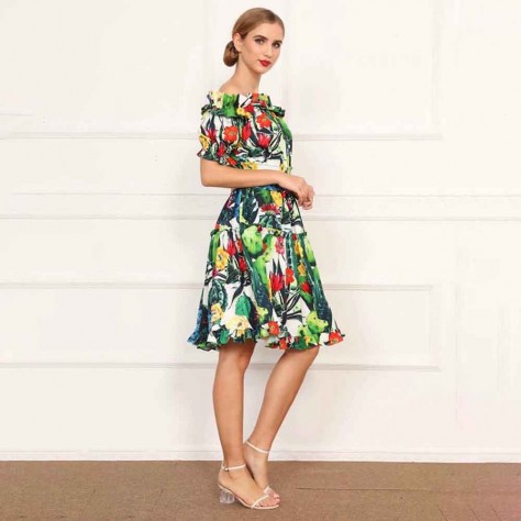 L615 Custom Made to order Cotton Blend Women Off-The-Shoulder Ruffled Floral Dress Regular Size XS S M L XL & Plus size 1x-10x (SZ16-52)