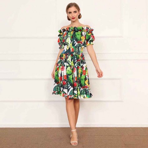 L615 Custom Made to order Cotton Blend Women Off-The-Shoulder Ruffled Floral Dress Regular Size XS S M L XL & Plus size 1x-10x (SZ16-52)