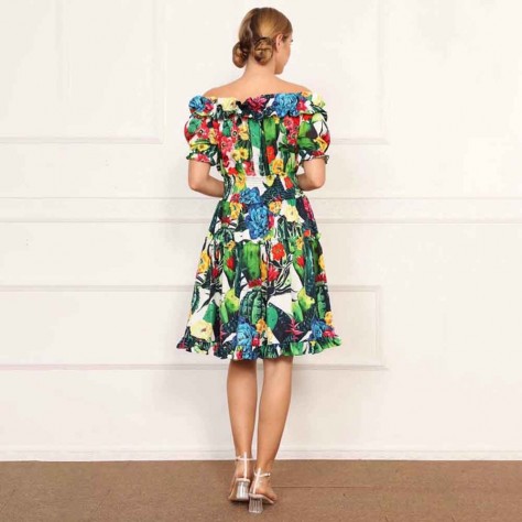 L615 Custom Made to order Cotton Blend Women Off-The-Shoulder Ruffled Floral Dress Regular Size XS S M L XL & Plus size 1x-10x (SZ16-52)