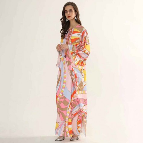 L617 Custom Made to order Satin Crew Neck Printed Casual Long Dress Regular Size XS S M L XL & Plus size 1x-10x (SZ16-52)