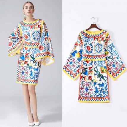 L623 Custom Made to order Satin Flared Sleeve printed Knee Length Dress New Regular Size XS S M L XL & Plus size 1x-10x (SZ16-52)