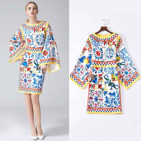 L623 Custom Made to order Satin Flared Sleeve printed Knee Length Dress New Regular Size XS S M L XL & Plus size 1x-10x (SZ16-52)