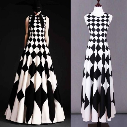 L624 Custom Made to order Satin Long Printed Big swing Dress Black White Regular Size XS S M L XL & Plus size 1x-10x (SZ16-52)