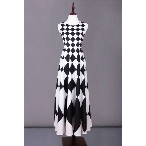 L624 Custom Made to order Satin Long Printed Big swing Dress Black White Regular Size XS S M L XL & Plus size 1x-10x (SZ16-52)