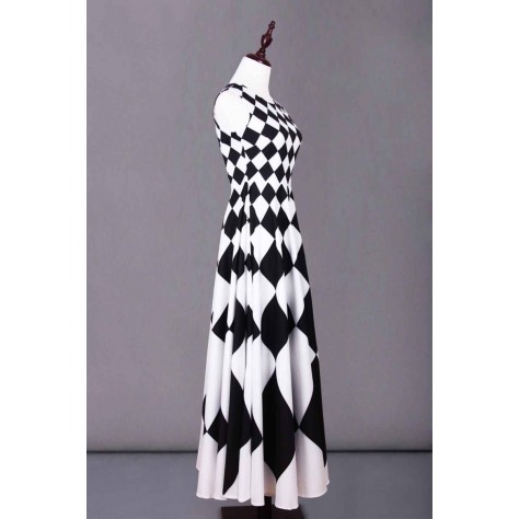 L624 Custom Made to order Satin Long Printed Big swing Dress Black White Regular Size XS S M L XL & Plus size 1x-10x (SZ16-52)