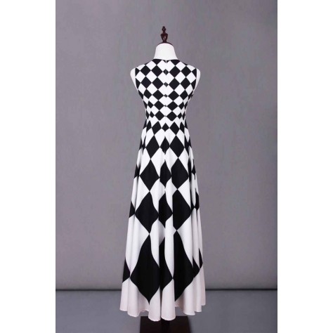 L624 Custom Made to order Satin Long Printed Big swing Dress Black White Regular Size XS S M L XL & Plus size 1x-10x (SZ16-52)