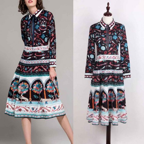 L629 Custom Made to order Satin Long Sleeve printed A-Line Midi Shirt Dress Regular Size XS S M L XL & Plus size 1x-10x (SZ16-52)