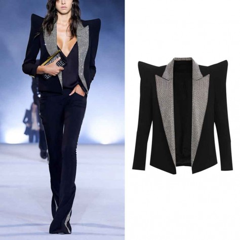 L632 Custom Made to order Cotton Blend Spandex Women's Rhinestone Blazer Jacket, Black New Regular Size XS S M L XL & Plus size 1x-10x (SZ16-52)