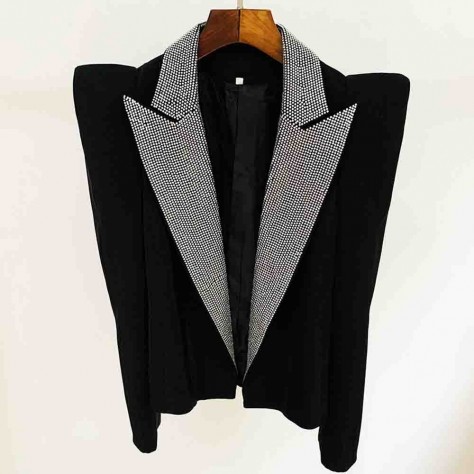 L632 Custom Made to order Cotton Blend Spandex Women's Rhinestone Blazer Jacket, Black New Regular Size XS S M L XL & Plus size 1x-10x (SZ16-52)