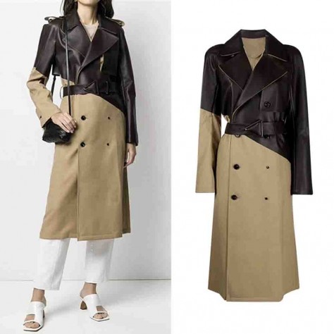 L636 Custom Made to order Faux Leather Contrast  Belted Trench Coat Regular Size XS S M L XL & Plus size 1x-10x (SZ16-52)