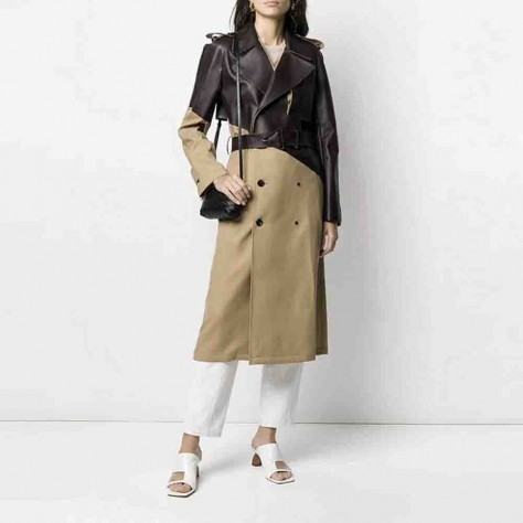 L636 Custom Made to order Faux Leather Contrast  Belted Trench Coat Regular Size XS S M L XL & Plus size 1x-10x (SZ16-52)