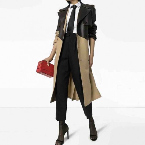 L636 Custom Made to order Faux Leather Contrast  Belted Trench Coat Regular Size XS S M L XL & Plus size 1x-10x (SZ16-52)