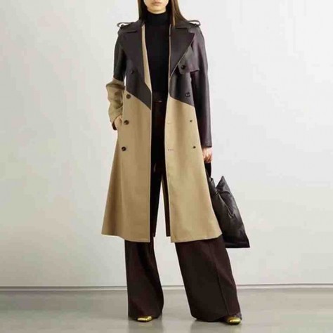 L636 Custom Made to order Faux Leather Contrast  Belted Trench Coat Regular Size XS S M L XL & Plus size 1x-10x (SZ16-52)