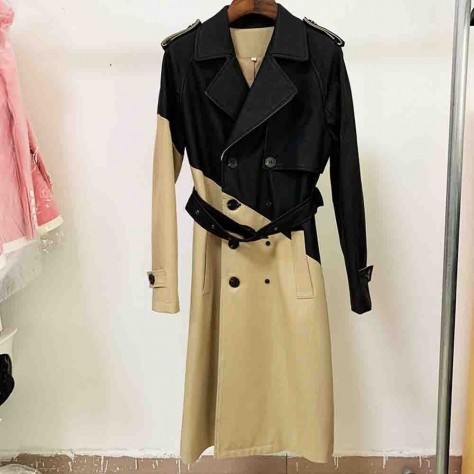 L636 Custom Made to order Faux Leather Contrast  Belted Trench Coat Regular Size XS S M L XL & Plus size 1x-10x (SZ16-52)