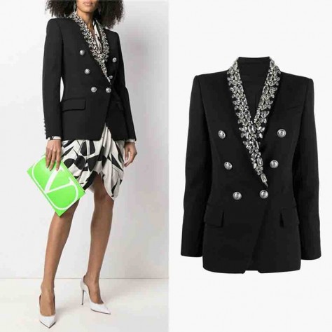 L637 Custom Made to order Cotton Blend Spandex Business Rhinestone Trim Short Blazer Coat Regular Size XS S M L XL & Plus size 1x-10x (SZ16-52)