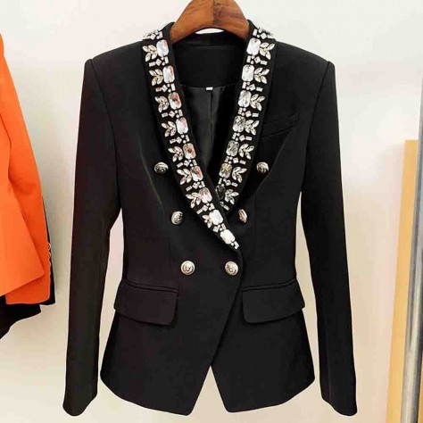 L637 Custom Made to order Cotton Blend Spandex Business Rhinestone Trim Short Blazer Coat Regular Size XS S M L XL & Plus size 1x-10x (SZ16-52)