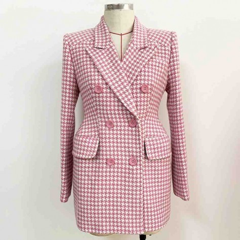 L640 Custom Made to order Wool Blend Double-Breasted Houndstooth Blazer Coat New Regular Size XS S M L XL & Plus size 1x-10x (SZ16-52)