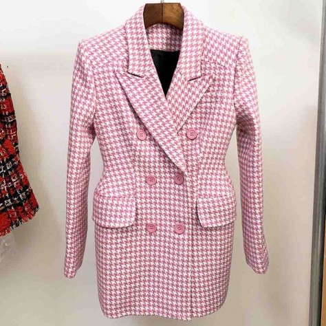 L640 Custom Made to order Wool Blend Double-Breasted Houndstooth Blazer Coat New Regular Size XS S M L XL & Plus size 1x-10x (SZ16-52)