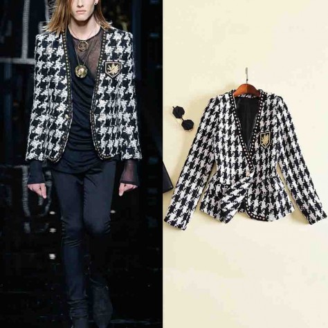 L644 Custom Made to order Wool Blend Women's V-Neck Houndstooth Tweed Short Coat Regular Size XS S M L XL & Plus size 1x-10x (SZ16-52)