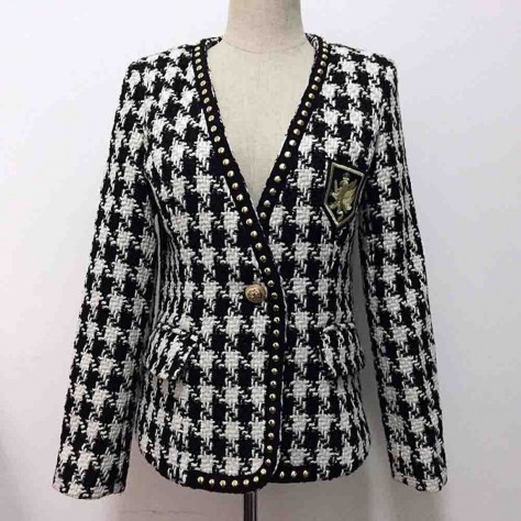 L644 Custom Made to order Wool Blend Women's V-Neck Houndstooth Tweed Short Coat Regular Size XS S M L XL & Plus size 1x-10x (SZ16-52)