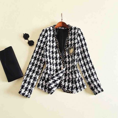 L644 Custom Made to order Wool Blend Women's V-Neck Houndstooth Tweed Short Coat Regular Size XS S M L XL & Plus size 1x-10x (SZ16-52)