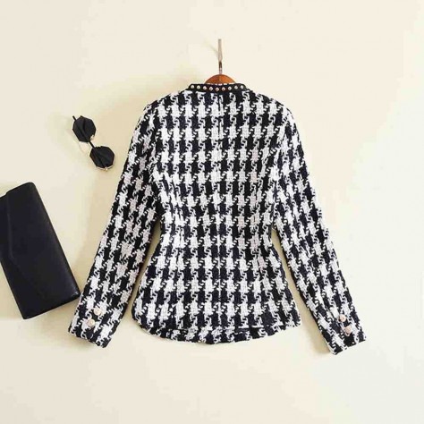 L644 Custom Made to order Wool Blend Women's V-Neck Houndstooth Tweed Short Coat Regular Size XS S M L XL & Plus size 1x-10x (SZ16-52)