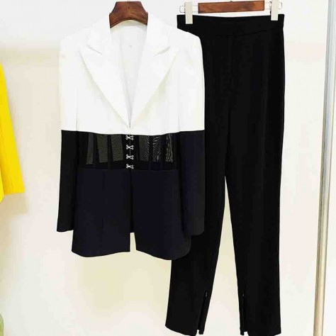 L647 Custom Made to order Polyester Black/white Contrast Stitched Blazer Suit Regular Size XS S M L XL & Plus size 1x-10x (SZ16-52)