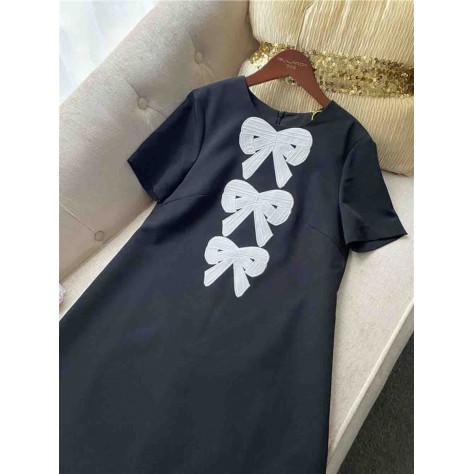 L656 Custom Made to order Cotton blend spandex Women's Crew Neck A-Line Bow Trim Dress New Regular Size XS S M L XL & Plus size 1x-10x (SZ16-52)