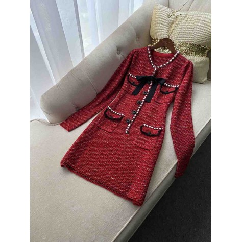 L658 Custom Made to order Tweeds Long Sleeve V-Neck Bow Trim Dress Regular Size XS S M L XL & Plus size 1x-10x (SZ16-52)