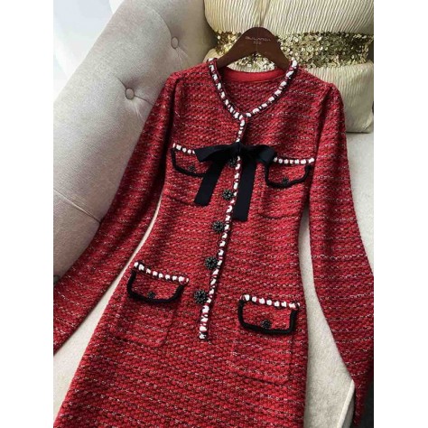 L658 Custom Made to order Tweeds Long Sleeve V-Neck Bow Trim Dress Regular Size XS S M L XL & Plus size 1x-10x (SZ16-52)